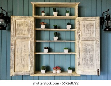 Cactus and succulents on shelf. - Shutterstock ID 669268792