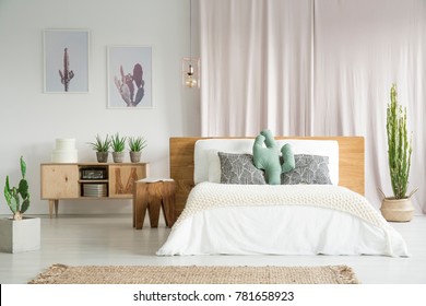 Cactuses Everywhere In Spacious Bedroom With Wooden Furniture Set