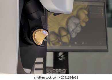 CAD CAM equipment modern extraoral laboratory dental scanner. Selective focus.