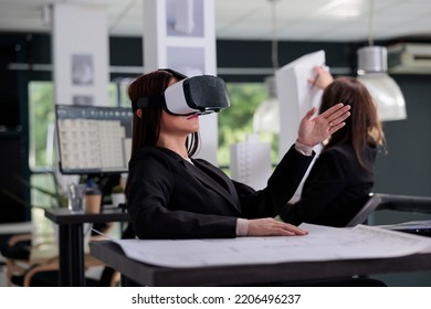 Cad Designer In Vr Headset Working On Project In Metaverse. Employee Engineering In Architecture Office, Architect Using Virtual Reality Glasses, Real Estate Agency Worker In Ar Goggles