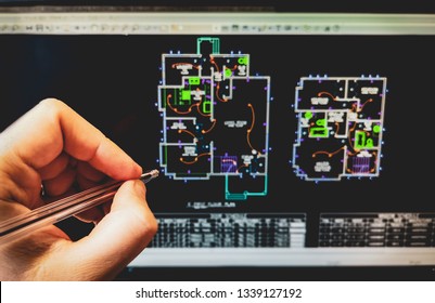 Cad Software Drawing On The Computer Screen With Hand Holding Pen In Bologna, Italy, 13 March 2019