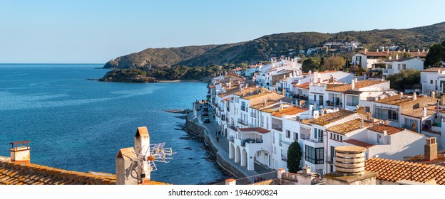 Cadaques Traditional Fishing Village With White Houses By Mediterranean Coast, Home Of Painter Salvador Dalí, Cadaqués Close To Barcelona, Costa Brava, Girona, Spain. Panoramic Picture