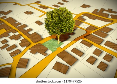 Cadastral map with a tree on a green area - concept image