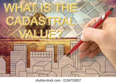 CADASTRAL VALUE OF A BUILDING - Concept with an imaginary cadastral map and cityscape - Note: the map background is totally invented and does not represent any real place.