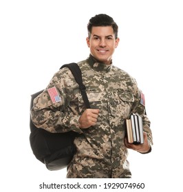 Cadet with backpack and books isolated on white. Military education