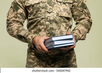 Cadet Of Military School On Grey Background, Closeup