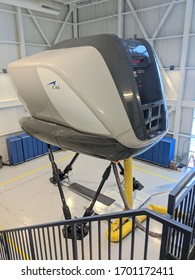 CAE Training Center, Mississauga, Ontario / Canada - January 18, 2020: A Full Motion Dash 8 Q400 Aircraft Pilot Training Simulator At The Toronto Base.