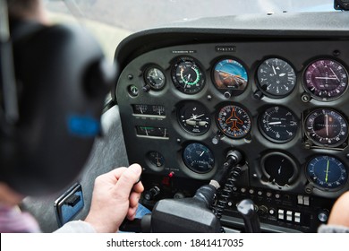 CAEN, FRANCE - JUNE Circa, 2015. View From Over Snow Covered Peaks While Flying In Small Plane CESNA. Lesson For New Pilot, With Airplane Teacher.