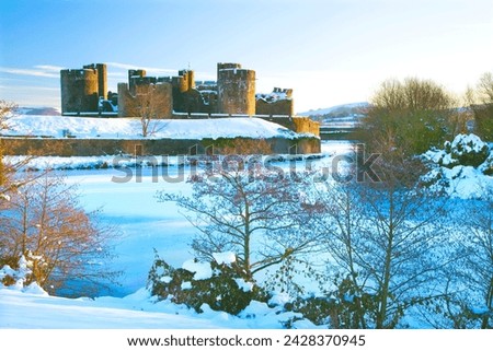 Caerphilly castle in snow, caerphilly, near cardiff, gwent, wales, united kingdom, europe