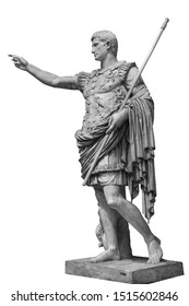 Caesar Augustus, the first emperor of Ancient Rome. Bronze monumental statue in the center of Rome isolated on white background by clipping path