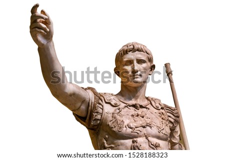 Caesar Augustus, the first emperor of Ancient Rome. Bronze monumental statue in the center of Rome isolated on white background