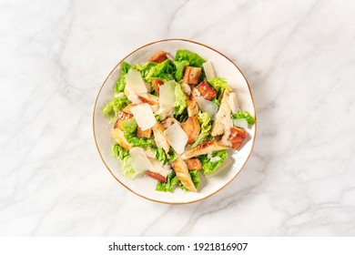 Caesar Salad With Chicken Meat, Green Salad And Parmesan, Overhead Shot