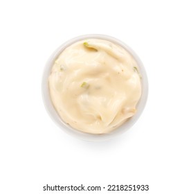 Caesar Salad Dressing In Bowl On White Background