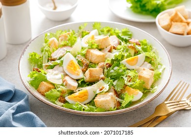 Caesar salad with grilled chicken breast, hard-boiled egg, croutons, parmesan cheese, green salad lettuce and dressing - Powered by Shutterstock