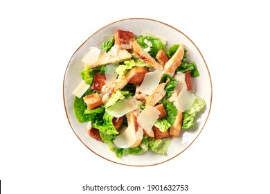 Caesar Salad With Grilled Chicken, Green Lettuce And Parmesan, Isolated On A White Background With A Clipping Path