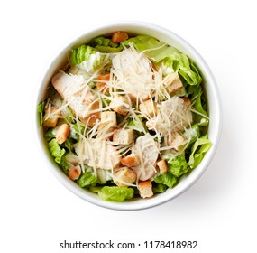 Caesar Salad In Paper Bowl For Take Away, Isolated On White Background, Top View