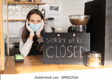 Cafe, Bar Closed Due Outbreak Lockdown, Depressed Female Owner Wearing Medical Mask Looks Away With Sadness. Small Business Crisis Concept