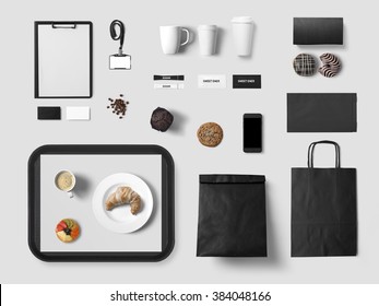 Cafe branding mock up for your design presentation, top view, black style