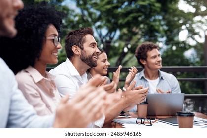 Cafe, business people and applause for celebration, success and well done for team building. Clapping, employees, accounting staff in corporate retreat, training and workshop session with thank you - Powered by Shutterstock