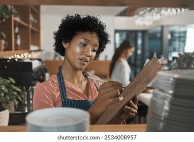 Cafe, business woman and notes with clipboard for inspection, management and inventory tracking. Restaurant, female person and barista with checklist for tick, information and invoice for manager - Powered by Shutterstock