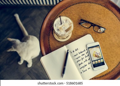 Cafe Coffee Break Mobile Phone Notebook To Do List Concept