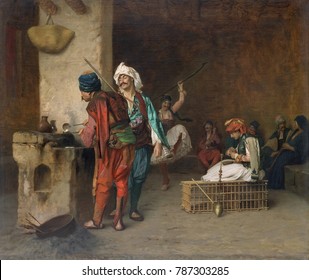 CAFE HOUSE, CAIRO, By Jean-Leon Gerome, 1884, French Painting, Oil On Canvas. Bashi-bazouks, Mercenary Soldiers In The Ottoman Army, Depicted In A Cairo Cafe. On Right Men And Women Watch A Male Dan