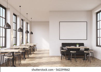 Cafe interior with a large sofa near a white wall, a row of tables with chairs near windows and a big horizontal poster on the wall, wooden floor. 3d rendering. Mock up.