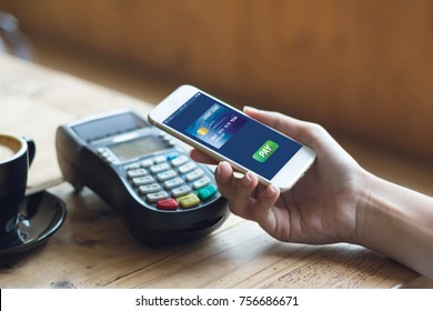  Cafe Making Show Shopping Transfer Payment Through Smartphone App Mobile Payment With NFC Technology On Phone Shopping Store Online And  Pay With Credit Card Concept