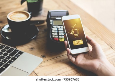 Cafe Making Show Transfer Payment Through Smartphone App Mobile Payment With NFC Technology On Smartphone Shopping Online