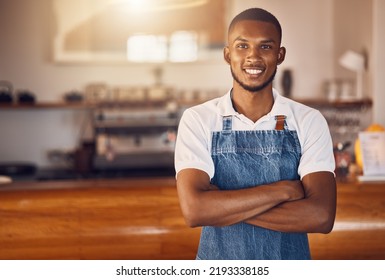 Cafe Manager, Coffee Shop Startup And Waiter Working In Hospitality Service Food Industry. Portrait Of A Happy, Smile And Proud Small Business Entrepreneur With Motivation For Success In Restaurant