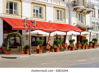 Cafe On The Street Of Old European City