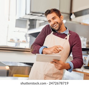 Cafe, phone call and businessman with tablet for coffee shop stock, inventory or ecommerce, payment or delivery service option. Restaurant, smartphone or conversation by waiter or hotel kitchen menu - Powered by Shutterstock