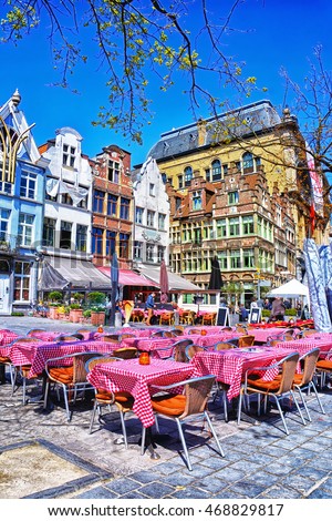 Cafe and restaurants in the streets of the medieval city of Ghent, Belgium