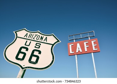 Cafe sign along historic Route 66 in Arizona.