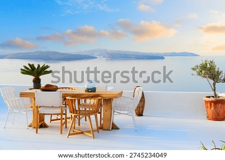cafe table with caldera view, beautiful details of Santorini island