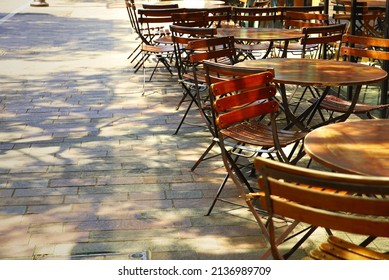 Cafe Terrace On An Empty Street Corner On A Spring Morning