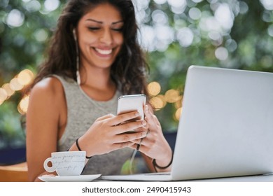 Cafe, typing and woman with cellphone, email or communication for schedule of meeting and online. Coffee shop, entrepreneur and person with mobile, texting or message for pitch of business for funds