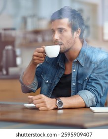 Cafe, window and man with coffee for drinking, breakfast and espresso for customer service in bistro. Restaurant, male person and relax with cappuccino for beverage, caffeine and hospitality store