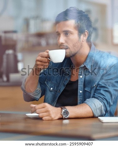 Cafe, window and man with coffee for drinking, breakfast and espresso for customer service in bistro. Restaurant, male person and relax with cappuccino for beverage, caffeine and hospitality store