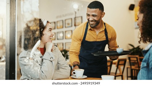 Cafe, women and waiter with coffee order, conversation and customer service at restaurant. Barista, staff and happy girl friends with smile and chat at diner with employee helping with hot drink - Powered by Shutterstock