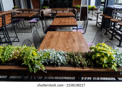 Cafes On The Street, Green Plants Decorate The Restaurant, Street Food, Wooden Table, No People, Empty Chairs, An Open-air City Fast Food Restaurant. High Quality Photo