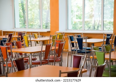 Cafeteria Or Canteen Interior. School Cafeteria. Factory Canteen With Chairs And Tables, Nobody. Modern Cafeteria Interior. Clean Canteen In Modern School. Lunch Room.