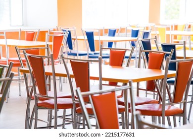 Cafeteria Or Canteen Interior. School Cafeteria. Factory Canteen With Chairs And Tables, Nobody. Modern Cafeteria Interior. Clean Canteen In Modern School. Lunch Room.