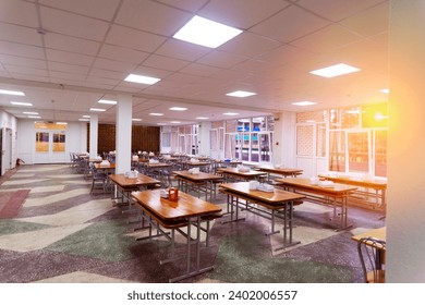 Cafeteria, dining room in university, cafe with tables and chairs, counter bar hotel. - Powered by Shutterstock