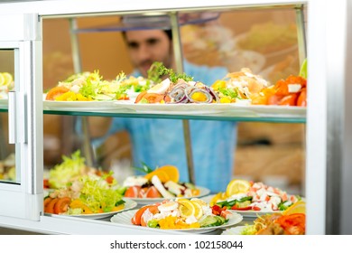 Cafeteria Food Display Young Man Choose Fresh Salad Healthy Lifestyle