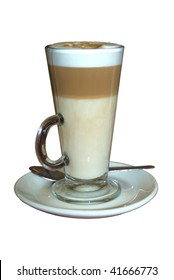 Caffe Latte (coffee) In A Glass, Isolated On A Pure White Background.