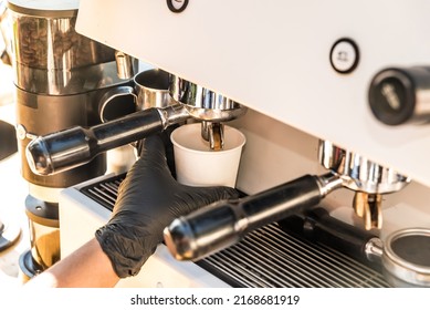 Caffe Machine Pourer Filling A Glass, Food Concept, Selective Focus