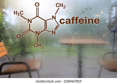 Caffeine icon and glass background with condensed water droplets and a chair behind the glass.