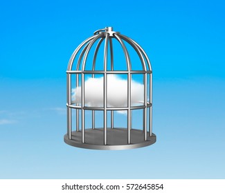 Cage with clouds inside on blue sky background.