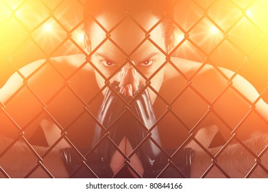 Cage Fighter Staring At The Camera , Dramatic Lighting